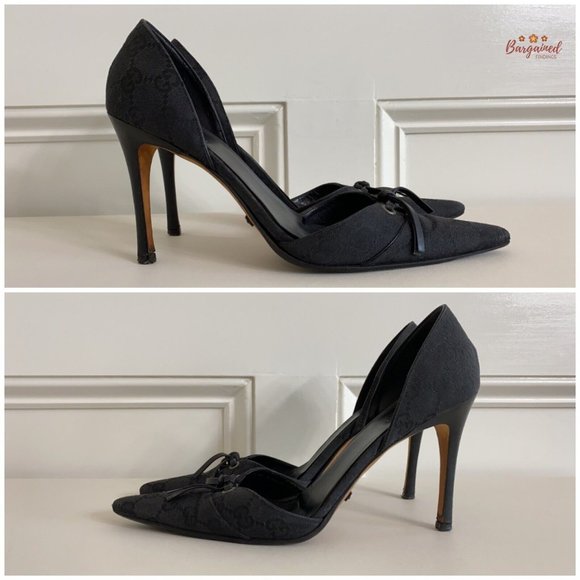 Authentic GUCCI Vintage Black GG Monogram Canvas Leather D'ORSAY Heel Pumps 7.5 - Picture 11 of 15